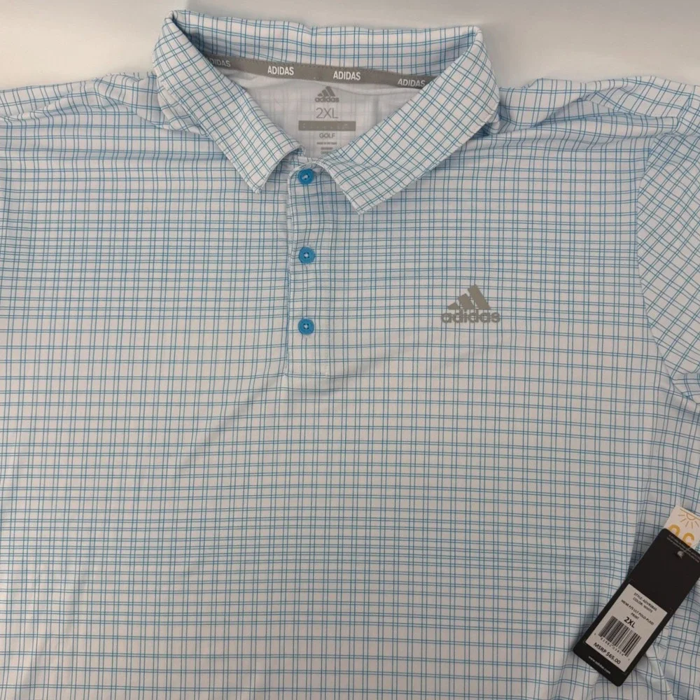 Adidas Golf Polo Mens 2XL White Blue Plaid Ultimate Print ADVR0845 UPF 50